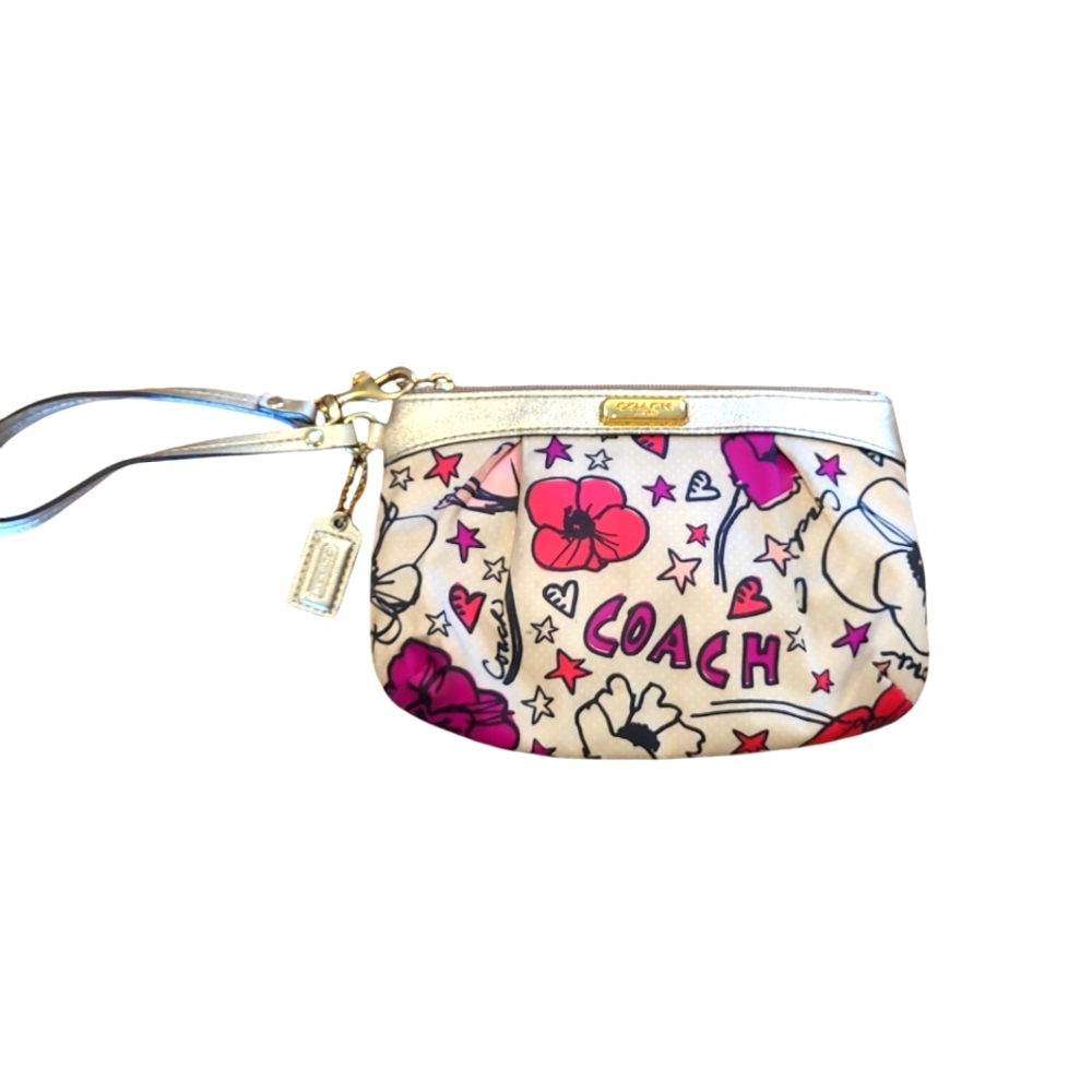 Coach Floral Print Kyra Satin Wristlet Cream Fuchsia Pink Gold metallic trim